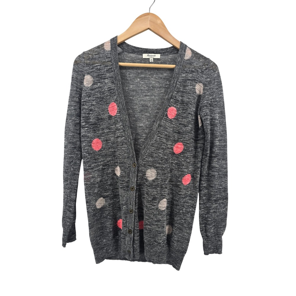 Madewell Cardigan Womens XS Polka Dot Gray Pink Button Front EUC